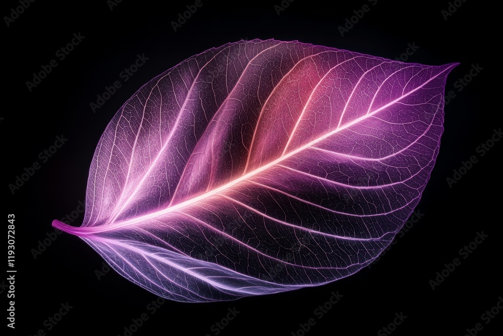 Aufkleber a single glowing leaf under uv light, with intricate vein patterns illuminated in stark detail