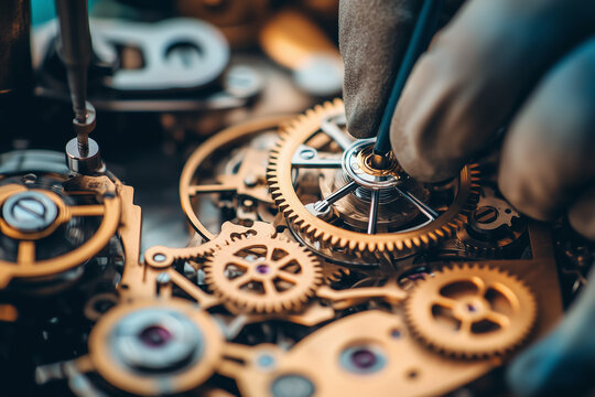 A person works diligently on a clock with gears and a screwdriver. Generative AI