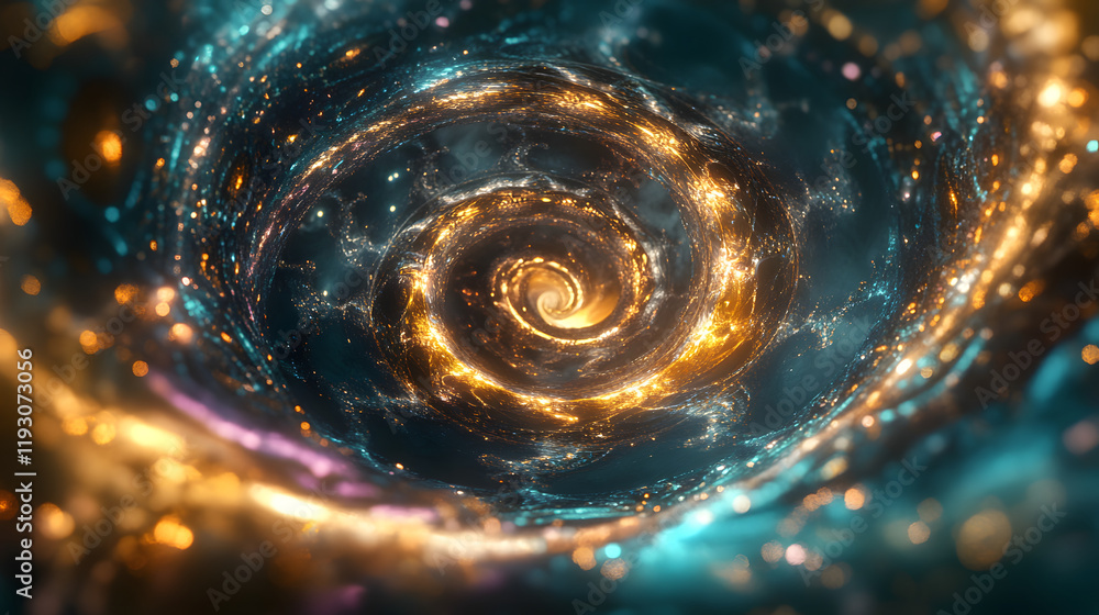 Poster an intricate fractal-inspired design with spirals and patterns in vivid hues of teal, gold, and purp
