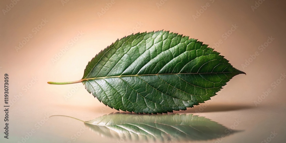 Poster a single, vibrant green leaf rests on a reflective surface, its intricate vein structure highlighted