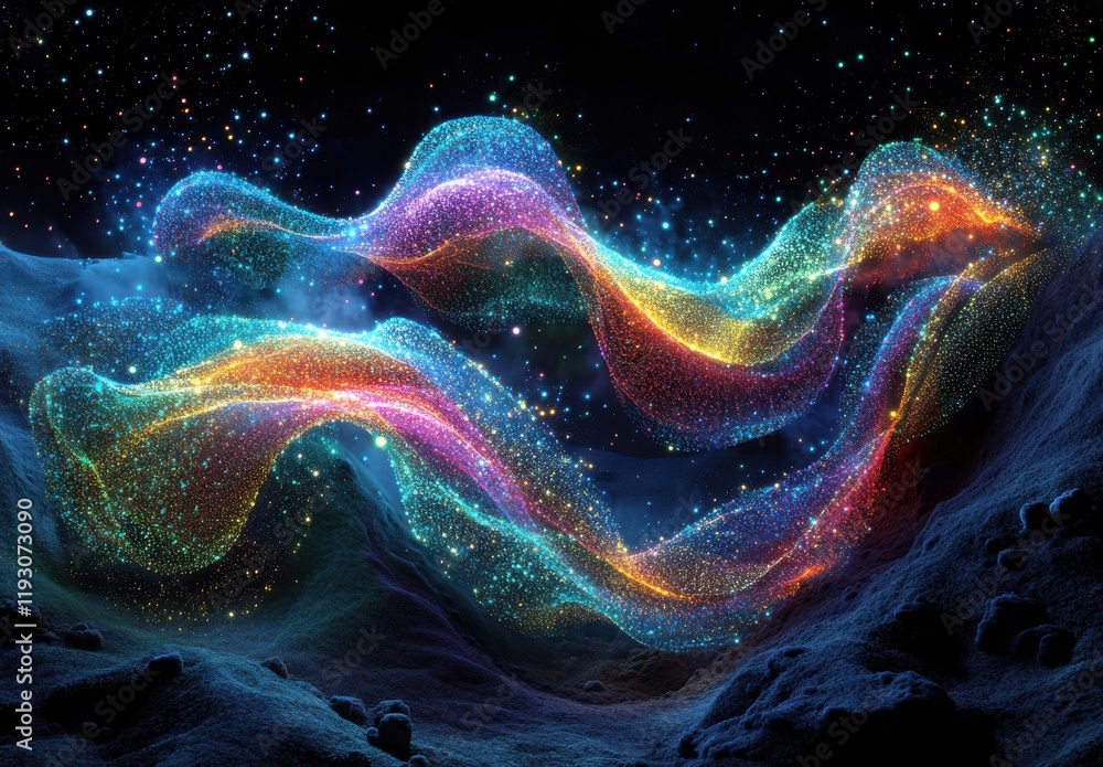 Poster vibrant cosmic waves of color and light flowing through a starry space with dreamlike patterns and s