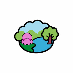 STICKER DESIGN of Illustrate a character sketching the beauty of the cherry blossom tree a