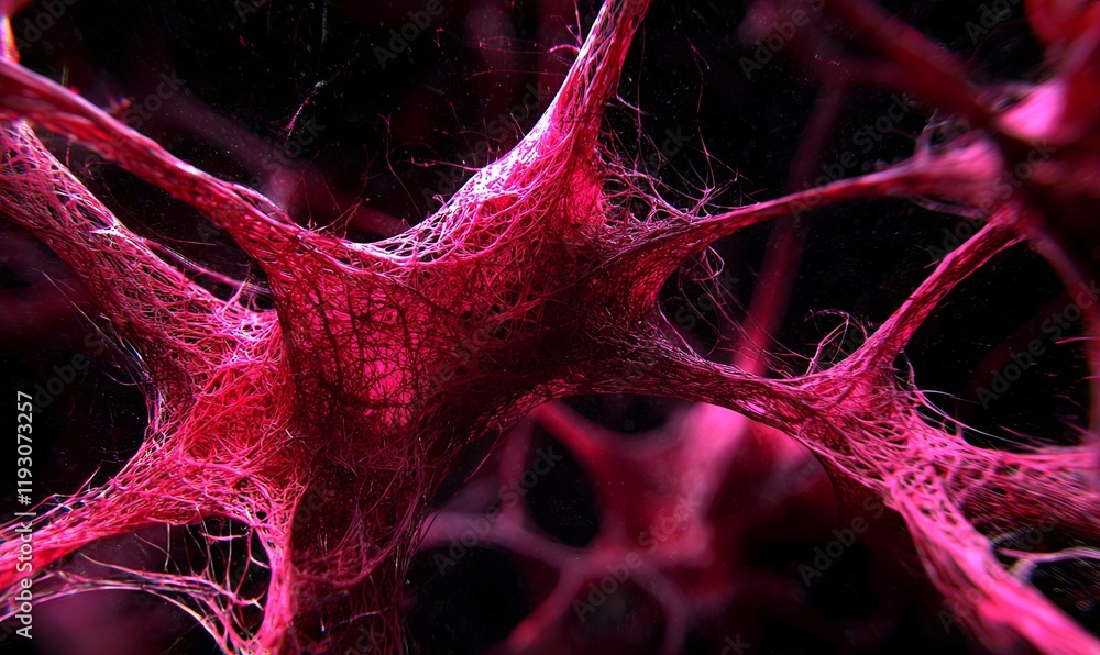 Poster microscopic view of interconnected red neurons firing signals in a dark biological environment.