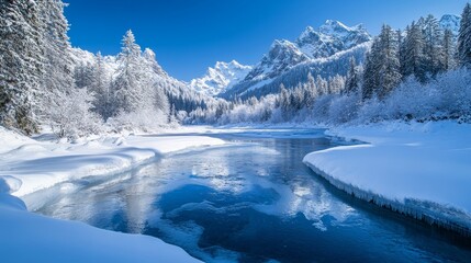 Obraz premium Frozen expanse nestled amidst the towering Alps, where ice and snow intertwine to paint a picturesque winter wonderland.