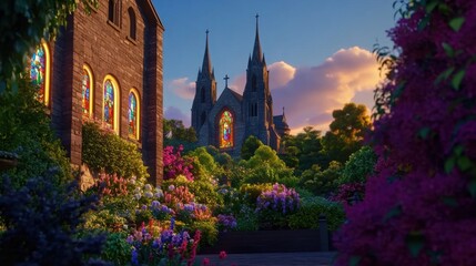 Serene Garden View of a Cathedral at Sunset - A Tranquil Scene of Nature and Architecture.