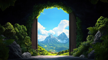 The Door to Adventure: A weathered wooden door swings open to reveal a breathtaking vista of snow-capped mountain peaks, inviting viewers to embark on a journey of discovery.