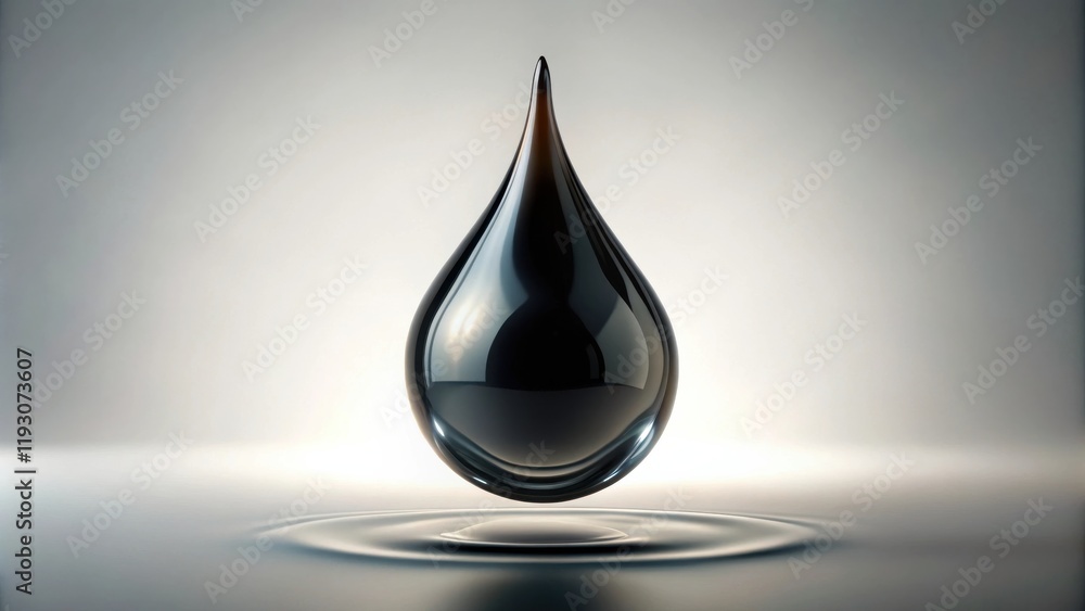 Poster A single drop of dark liquid, perfectly formed, rests on a reflective surface, creating a ripple effect.