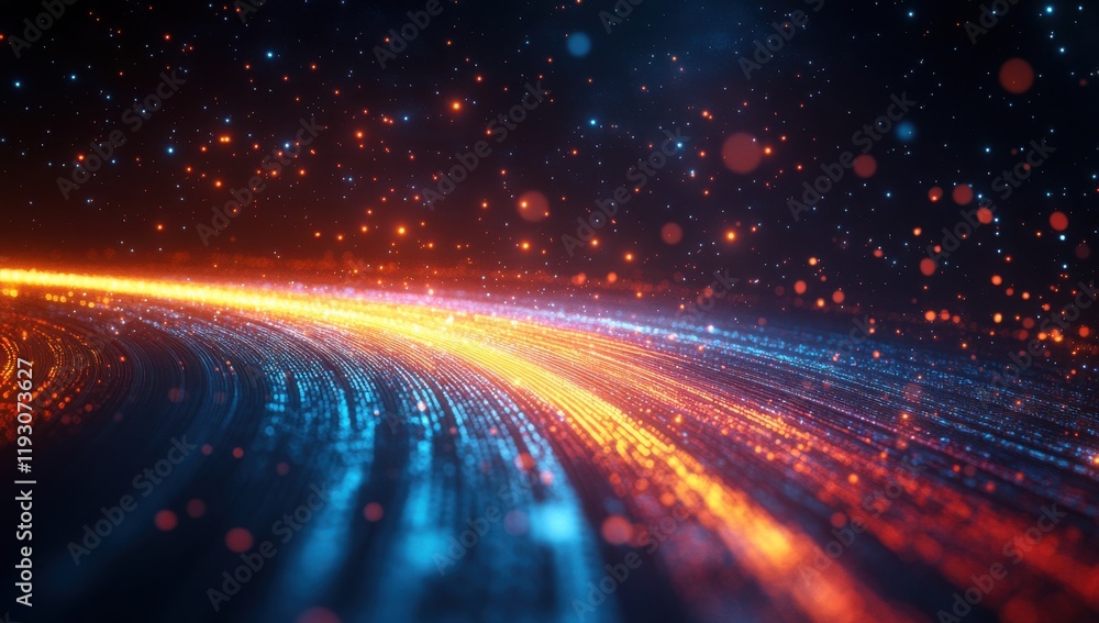 Poster vibrant flow of light trails and colorful particles in a dynamic abstract space background perfect f