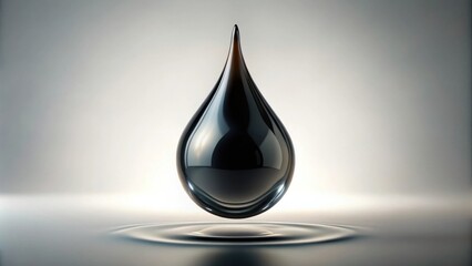 Fototapeta premium A single drop of dark liquid, perfectly formed, rests on a reflective surface, creating a ripple effect.