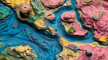 A vibrant topographic map showing mountains, rivers, and forests in vivid detail.