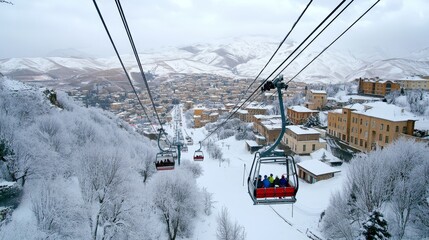 Gondola lift transports skiers up Mount Shahdagh, part of the Greater Caucasus Mountains in Azerbaijan's Qusar rayon.