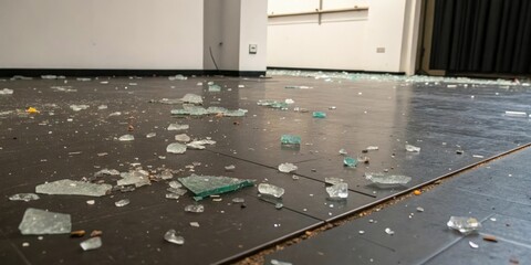 A messy scattering of broken glass pieces across a dark floor, broken glass, shattered fragments,