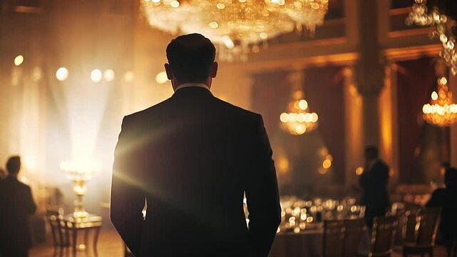 4k video Man in tuxedo holds award at gala event.