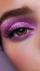 Close-Up of Brown Eye with Sparkling Purple Glitter Eyeshadow and Long Lashes