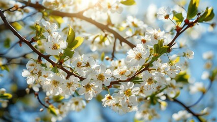 Obraz premium Vibrant white flowers blooming on branches under bright sunlight, showcasing the beauty of spring's renewal