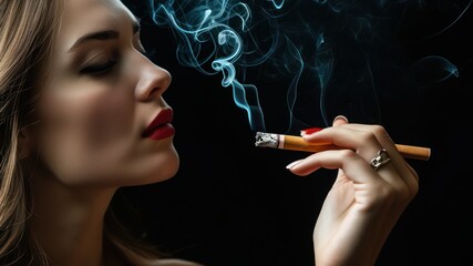 Obraz premium Profile of woman smoking cigarette, exuding elegance and mystery, embodies stylish lifestyle and serene atmosphere