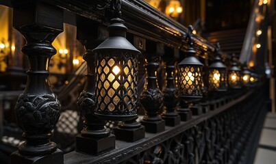 Fototapeta premium Ornate iron railing with glowing lanterns on grand staircase in dimly lit interior.
