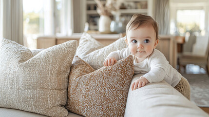 A curious baby stands while holding onto fluffy cushions in a bright living room, showcasing playful innocence and discovery
