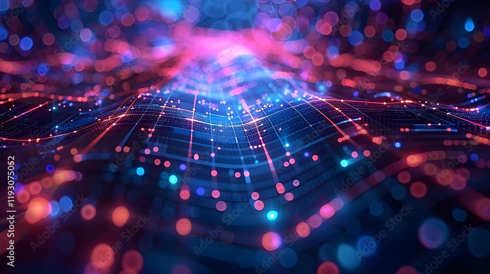 Poster futuristic digital grid with glowing blue and pink lights