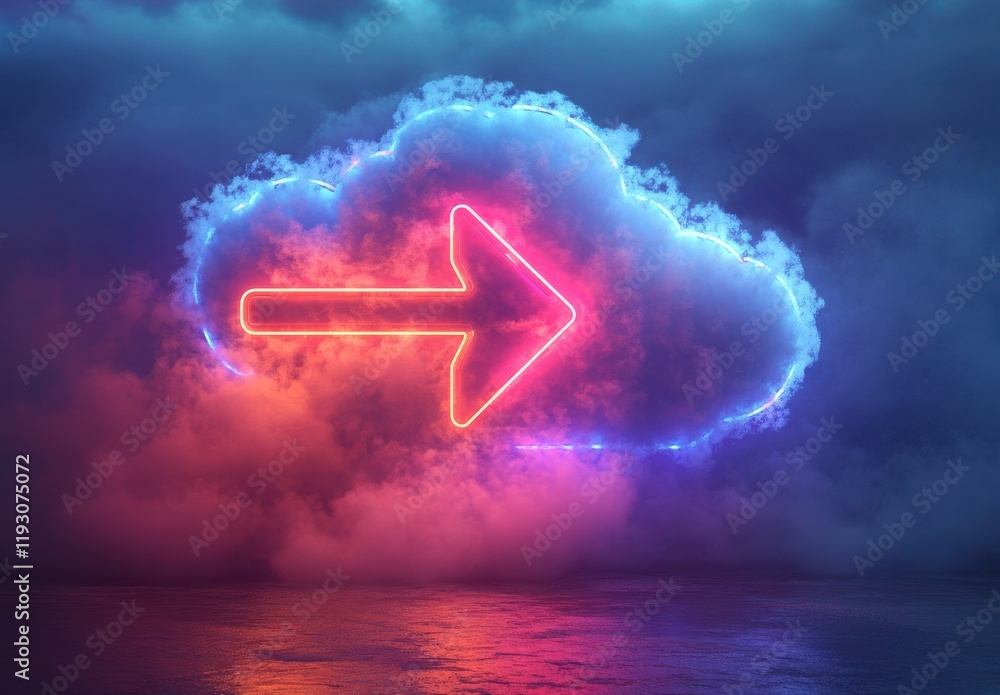 Poster vibrant neon cloud with arrow symbolizing data transfer and connectivity in an abstract digital envi
