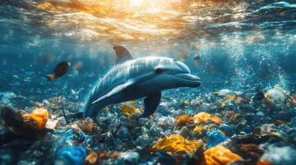 Naklejka premium A dolphin stuck on a rope under the sea with a beautiful light