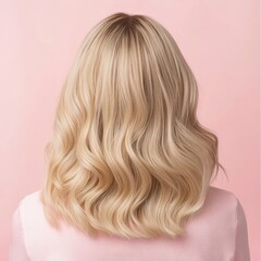 Fototapeta premium Back View of Blonde Wavy Hair on Pastel Pink Background - Elegant and Soft Hairstyle Concept