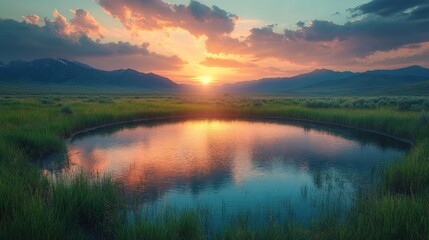 Serene Sunset Over Tranquil Pond Surrounded by Lush Grasslands and Majestic Mountains Under a Colorful Sky