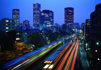 Fototapeta premium Vibrant Night Scene of a Bustling Urban Skyline with Motion Blur from Passing Train and Illuminated Skyscrapers Reflecting City Life in Late Evening