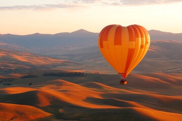 Obraz premium A heart-shaped hot air balloon flying over a scenic landscape, with a couple enjoying the ride