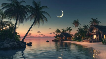 A serene ocean scene with the crescent moon 