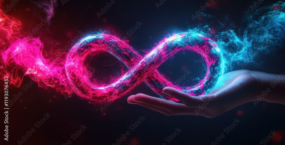 Poster vibrant representation of infinity symbol generated with colorful light effects in a dark background