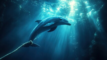 Fototapeta premium A dolphin stuck on a rope under the sea with a beautiful light