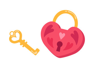Vector illustration of the heart shaped lock with golden key. Pink ornate heart lock for Valentine's day isolated on the white background.