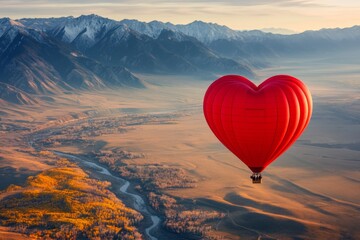 Fototapeta premium A heart-shaped hot air balloon flying over a scenic landscape, with a couple enjoying the ride