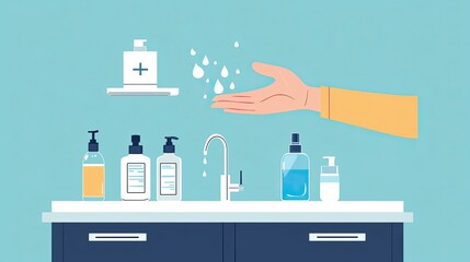 A clean and simple illustration showing a hand under a faucet with soap and cleaning essentials, promoting hygiene.