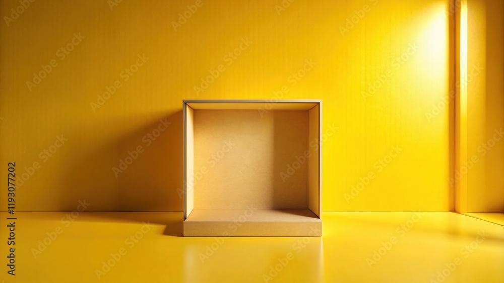 Poster empty cardboard display cube in yellow room with sunlight