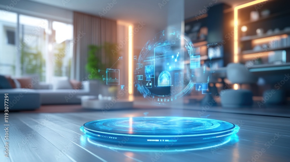Poster smart home automation system controlling modern apartment via futuristic hologram interface