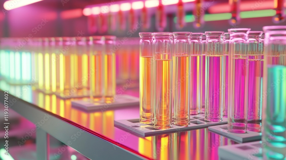 Poster test tubes containing colorful liquids are reflecting on a laboratory shelf