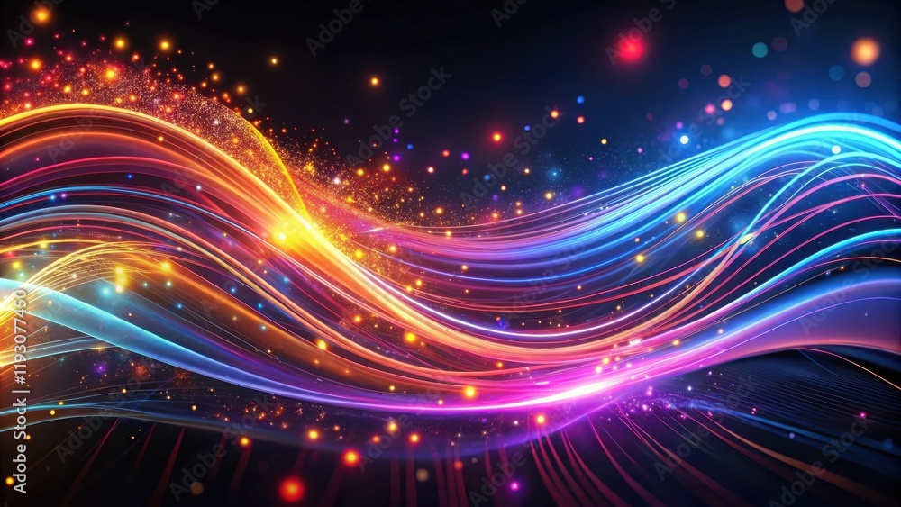 Poster abstract vibrant energy waves with glowing particles and dynamic light streaks