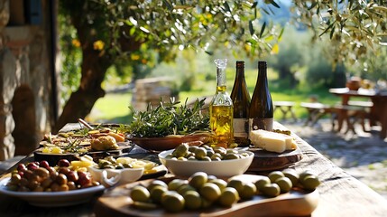 Obraz premium Mediterranean Olive Grove Feast: A Rustic Table of Delights