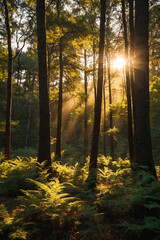 Golden hour sunlight through trees in a forest, dappled light