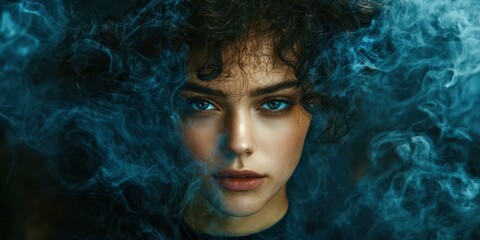 Fototapeta premium Woman with blue eyes and a black shirt is in front of a blue smoke