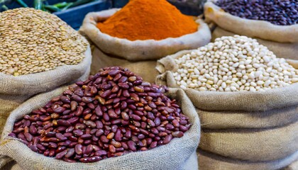 Obraz premium A market display featuring bags of different dried beans in sacks at a bazaar