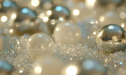 Silver and white ornaments on glitter, festive holiday background.