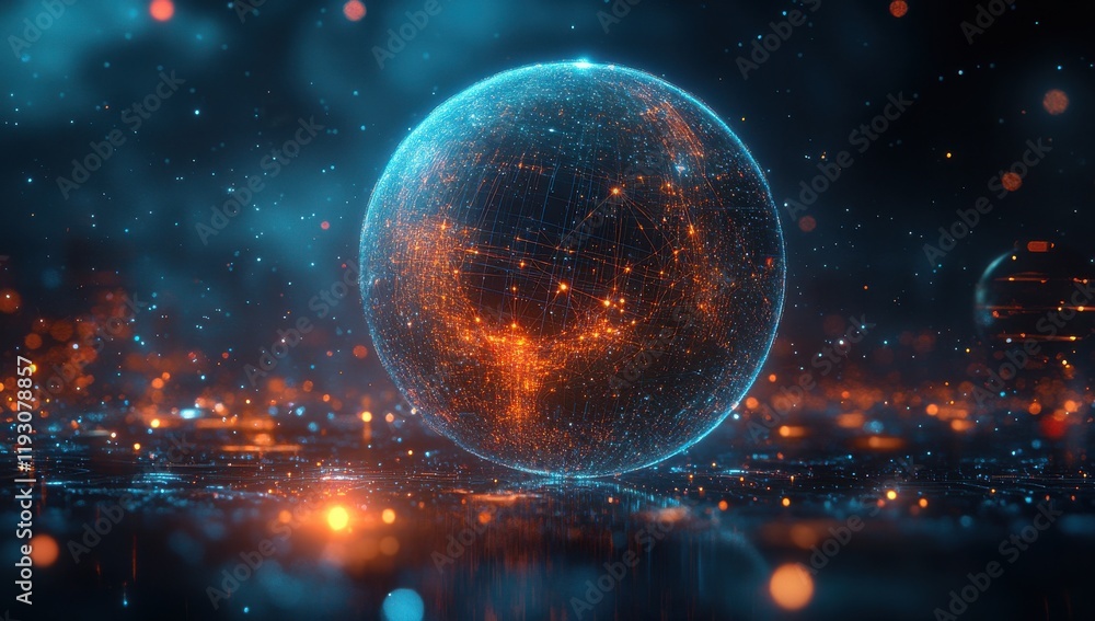 Poster vivid digital representation of a planetary sphere with glowing connections and energetic particles,