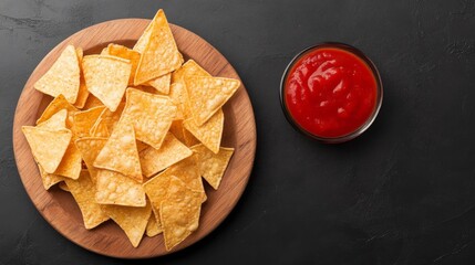 Tortilla chips and salsa on dark background.