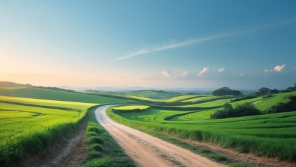 Fototapeta premium Winding dirt road through lush green fields under clear blue skies at golden hour
