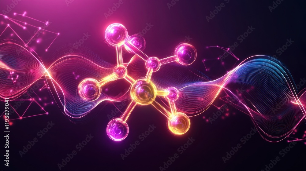 Poster glowing molecule structure floating on abstract energy waves