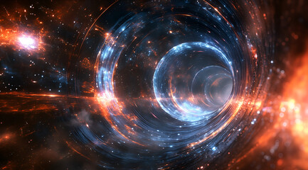 Abstract black hole and wormhole in space, glowing lines forming circular shapes. Abstract background with colorful energy waves and light effects. 