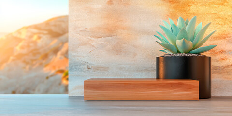 Green succulent plant in a black pot on wooden surface with warm background light at sunset